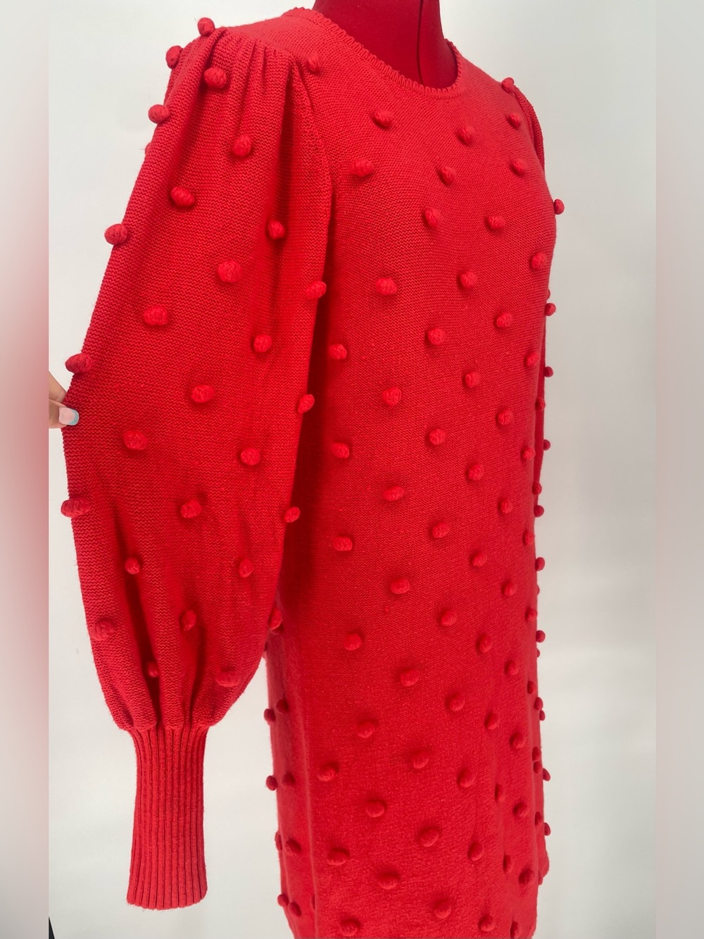 Lilly Pulitzer Red Pom Pom Knit Sweater Dress Puffy Long Sleeves Fitted Cuffs - Picture 4 of 9